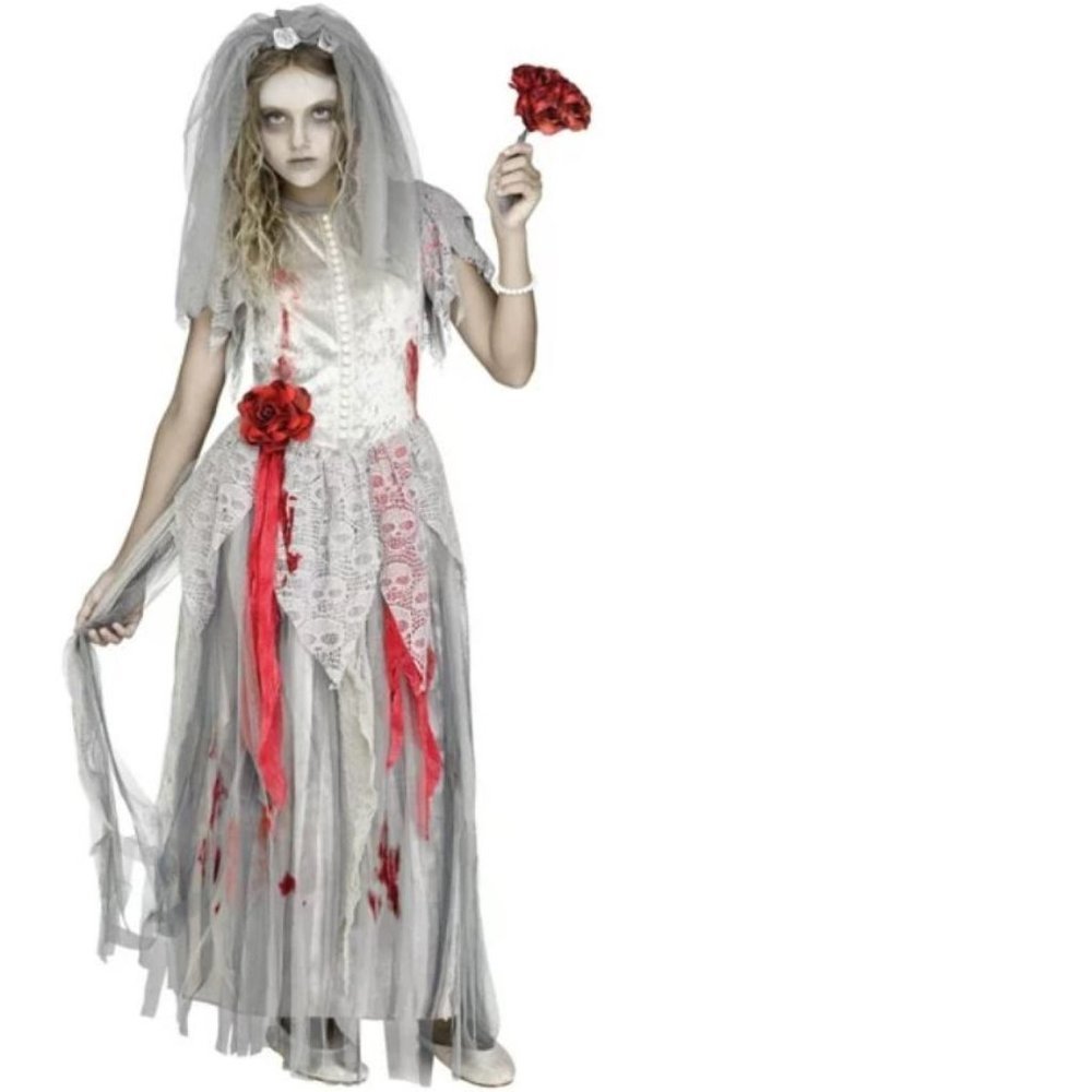 Zombie Bride Halloween Costume 12/14 Silver Maxi Dress, Veil, Bouquet 3 Pc Girls